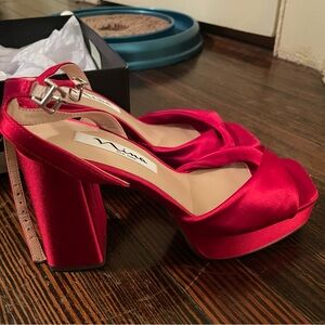 Nina Stacie red satin platform heels